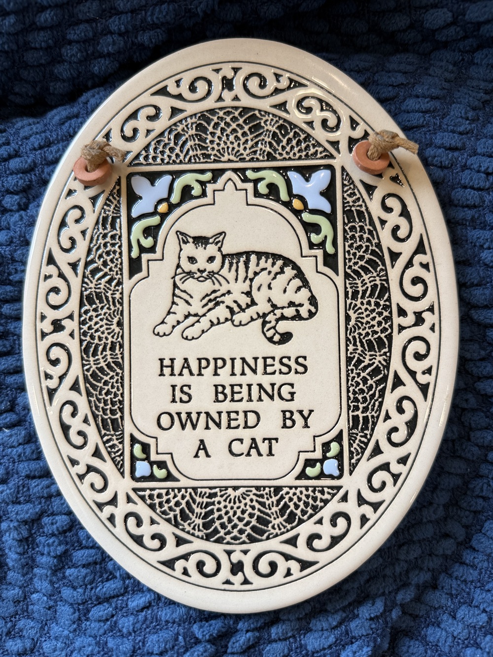 Vintage "Happiness is Being Owned by a Cat" Plaque - Trinity Pottery